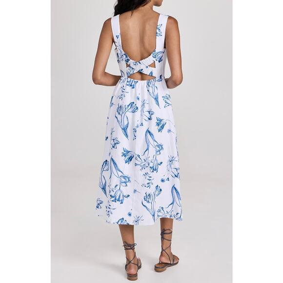 Reformation Frieda Linen Midi Dress Size 4 Blue White Floral Trad Wife Cottage - Picture 2 of 16